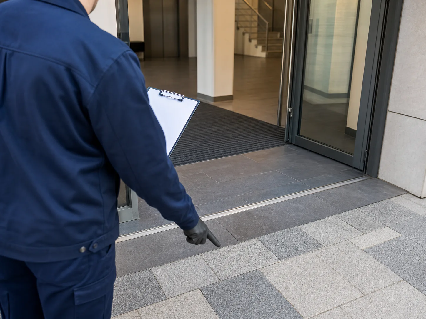 Gewerblicher Eingangsbereich mit Glasflächen und klarer Zugangsgeometrie