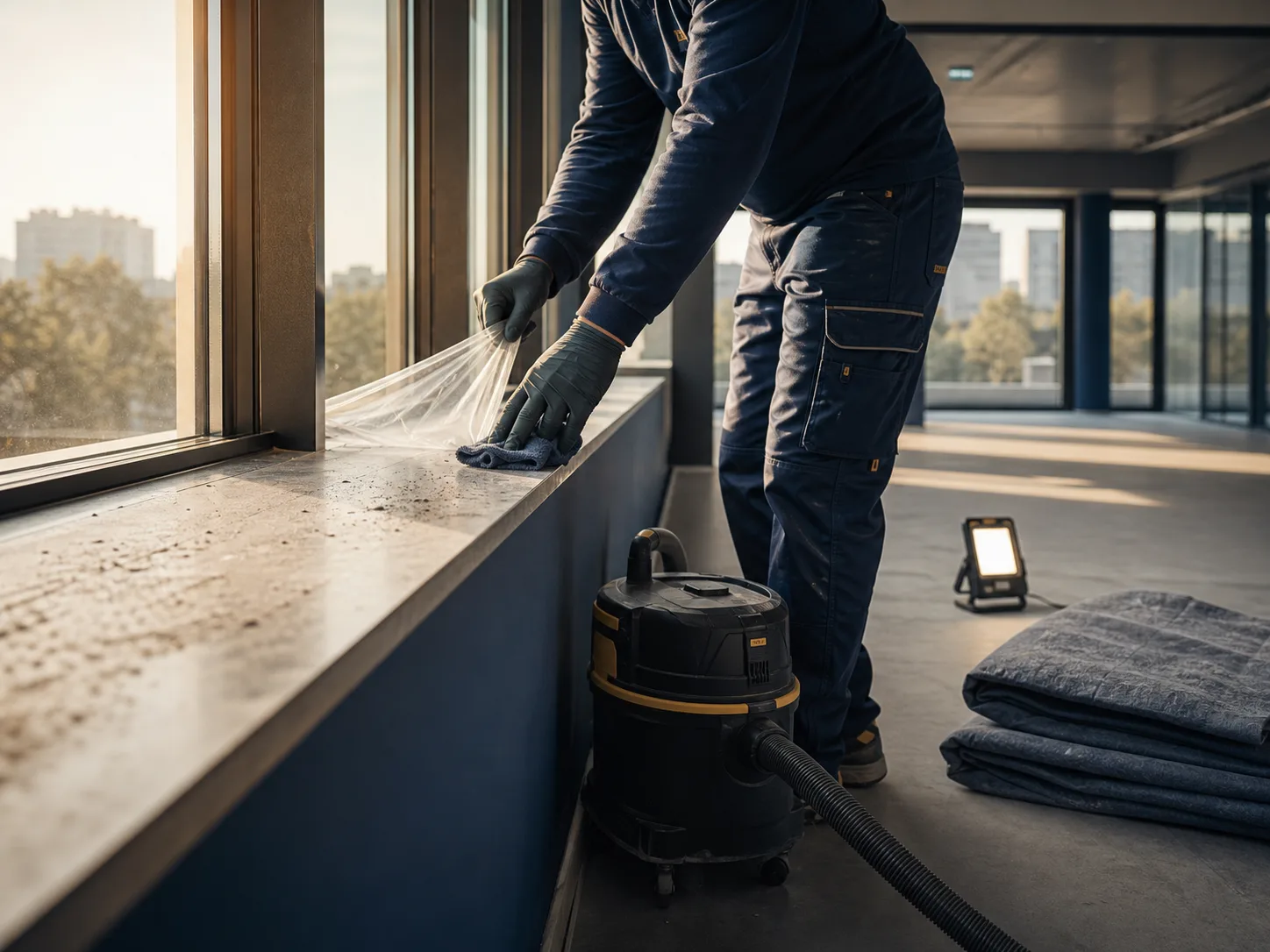 Bauendreinigung an einer Fensterbank mit Schutzfolie
