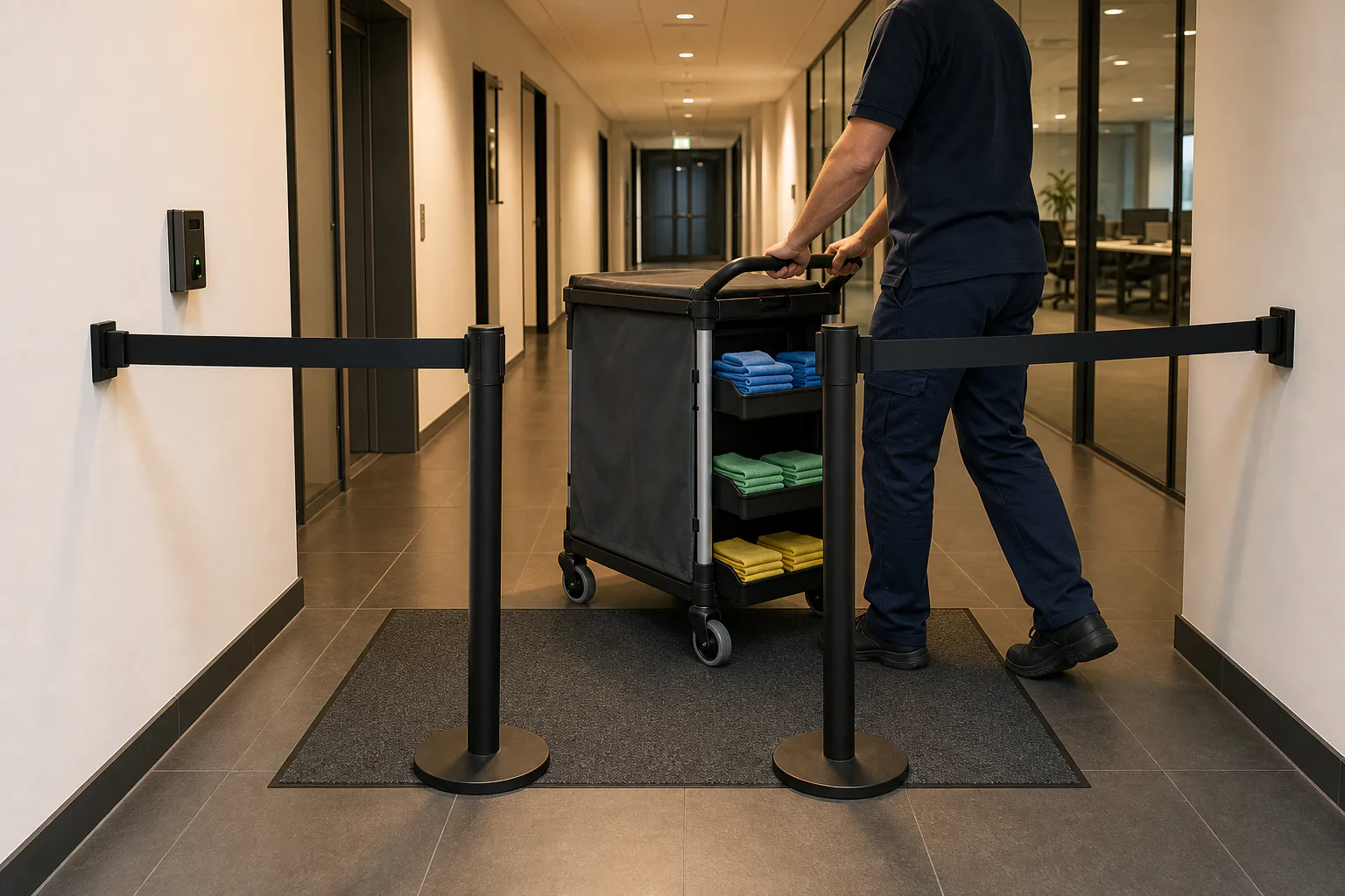 Klar zonierter gewerblicher Innenbereich mit abgetrennten Arbeitsbereichen